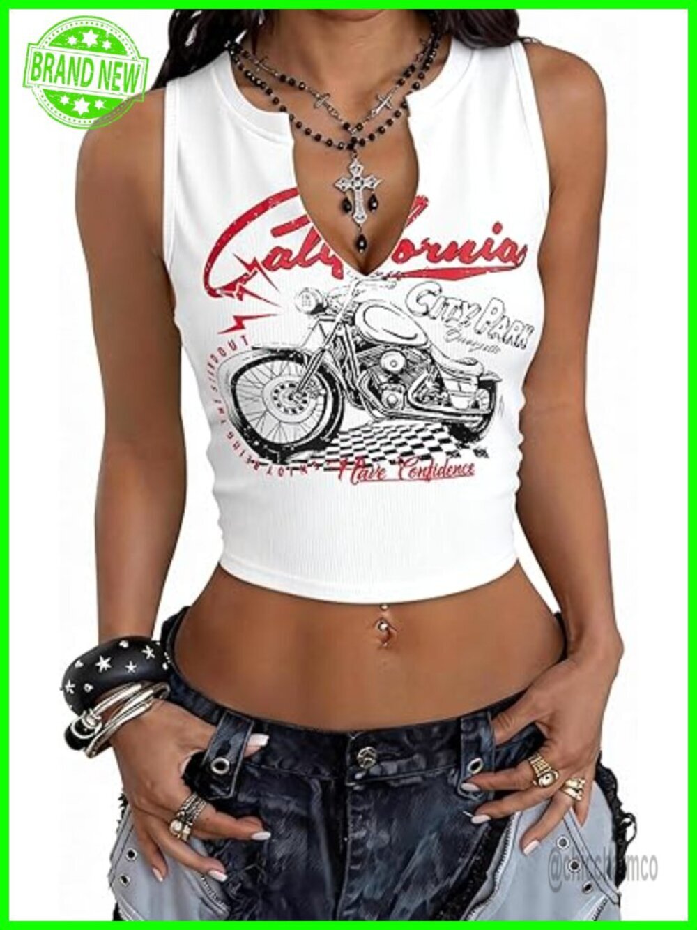 Women's Y2K Graphic Crop Tank Top Sleeveless V-Neck Trendy Streetwear
